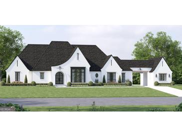 Stunning white brick home with black roof, landscaping, and large windows at 0 Matteo Way # 30, Fayetteville, GA 30215