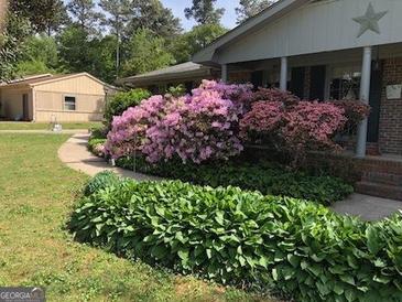 Landscaped front yard with blooming azaleas and lush greenery at 1753 Brenda Dr, Jonesboro, GA 30236