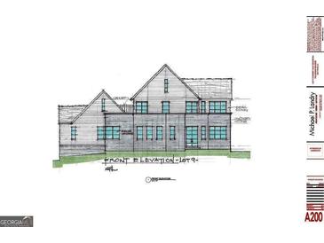 Detailed architectural drawing of a two-story home showcasing stone and siding at 465 Belada Blvd, Sandy Springs, GA 30342
