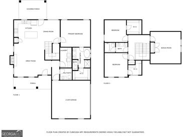 Two-story home floor plan, showing a 2-car garage, bonus room, and multiple bedrooms and baths at 107 Oak Road, Locust Grove, GA 30248