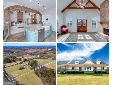Collage showcasing the kitchen, living room, aerial view, and exterior of a beautiful countryside home at 271 Trestle Rd, Locust Grove, GA 30248