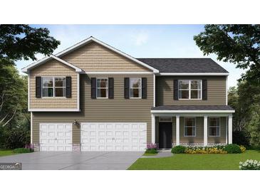 Two-story home with a two-car garage, neutral siding, and black shutters, creating a welcoming curb appeal at 624 Kimberwick Dr, Locust Grove, GA 30248