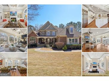 Inviting multi-story brick home showcasing a well-manicured lawn and traditional architectural style at 210 Steeple Point Dr, Roswell, GA 30076