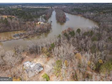 A high aerial view shows a lake house settled among trees with lake access on a large river at 650 Malcom Rd, Covington, GA 30014