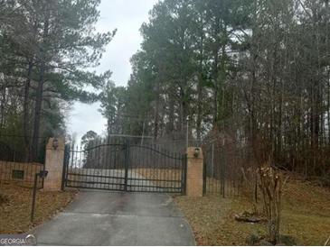 View of private gate and driveway entrance surrounded by mature trees on a cloudy day at 2527 Bonds Lake Nw Rd, Conyers, GA 30012