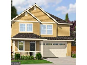 Charming two-story home with covered porch and two car garage and neutral colored siding at 102 Neal Ave, Stockbridge, GA 30281