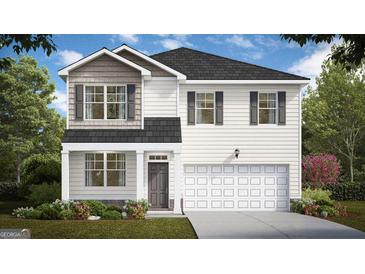 Two-story home featuring white siding, a dark roof, and an attached two-car garage at 350 Friendship Oak Way, Hampton, GA 30228