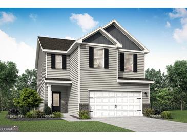 Charming two-story home with gray siding, black shutters, and a two-car garage at 439 Prescott Way, Villa Rica, GA 30180