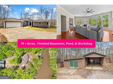 An impressive property showcasing the home, pond, and additional structures including a workshop and garage at 679 Bo Bo Banks Rd, Grantville, GA 30220