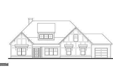Detailed architectural rendering of a two-story home with prominent dormer, multiple windows, and attached garage at Lot 1 Alex Stephens Rd # 1, Moreland, GA 30259