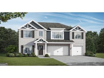 Charming two-story home with white brick, dark shutters, and a two-car garage at 1208 Trombone Way # 106, Mcdonough, GA 30252