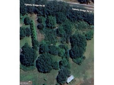 Expansive aerial view of wooded property with mature trees, offering privacy and natural beauty on Oglesby Bridge Rd SE at 225 Oglesby Bridge Rd Se, Conyers, GA 30094