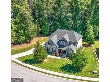 Stunning aerial view of home with a large manicured lawn, beautiful landscaping and a long driveway at 130 Edgewater Trl, Fayetteville, GA 30215