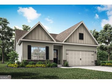 Charming single Gathering home with a two-car garage, beautiful lawn, and dark shutters at 453 Prescott Way, Villa Rica, GA 30180