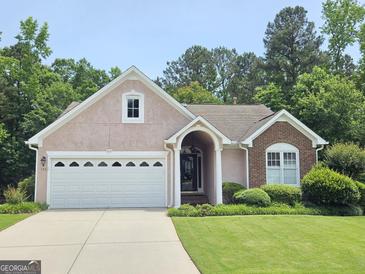 Charming single-story home with a two-car garage, brick and stucco facade, well-maintained landscaping, and a welcoming entrance at 133 Sea Island Dr, Peachtree City, GA 30269