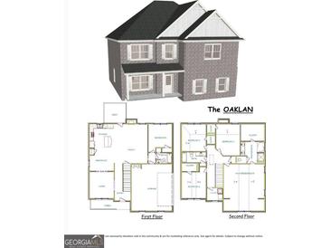 Detailed floor plan showcasing the layout of 'The Oaklan' first and second floors, bedrooms, kitchen, and living spaces at 150 Wilson Dr, Mcdonough, GA 30252