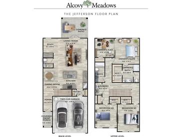 Jefferson floor plan featuring a spacious living room, kitchen, two car garage and owner's suite at 954 Elwood St, Dacula, GA 30019