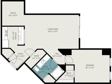 Detailed floor plan showcasing the layout of the home, including the kitchen, living room, and bedroom at 325 E Paces Ferry Rd # 1110, Atlanta, GA 30305