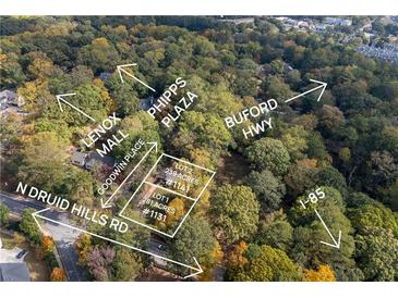 An aerial view of a property with lot outlines and surrounding landmarks like Lenox Mall and Buford Highway at 1141 Goodwin Ne Pl, Brookhaven, GA 30319
