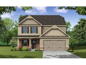 Two-story house with beige siding, stone accents, and a two-car garage at 48 Beaver Pt, Villa Rica, GA 30180