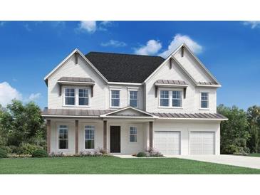 Two-story home with white brick and metal roof, three-car garage, and landscaped lawn at 4910 Crestline View Rd, Cumming, GA 30028