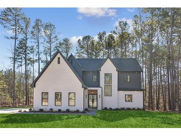 Two-story modern farmhouse with white brick and dark gray accents, landscaped lawn at 1820 Lake Dow Rd, Mcdonough, GA 30252