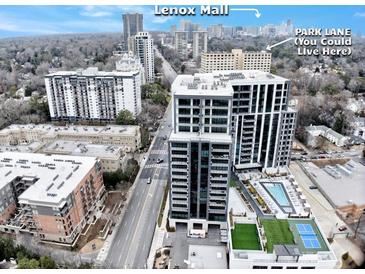 Aerial view of a modern apartment building with pool and tennis courts, near Lenox Mall at 2479 Peachtree Ne Rd # 802, Atlanta, GA 30305