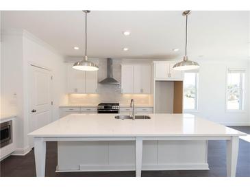 Modern white kitchen with large island, stainless steel appliances, and ample counter space at 706 Dodd Ln # 157, Buford, GA 30518