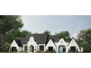 Stunning white two-story home with black roof, arched entryways, and landscaping at 11 Nathan Cir, Alpharetta, GA 30009