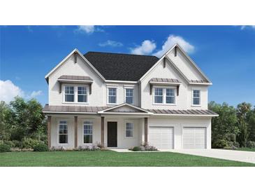 Two-story white brick house with a three-car garage and brown accents at 6430 Pond View Dr, Cumming, GA 30028