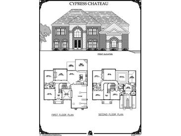 Detailed front elevation blueprint of a two-story brick home with symmetrical windows and a gabled entryway at 2114 Sw Lacroix Way, Conyers, GA 30094