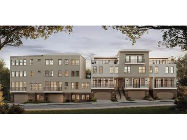 Contemporary townhome exterior boasts a sleek design with multiple balconies and attached garages at 00 Kingsboro Rd # 1, Atlanta, GA 30326