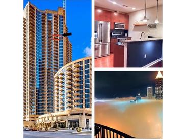 Real estate image collage of a building, kitchen and cityscape at 400 W Peachtree Nw St # 3216, Atlanta, GA 30308