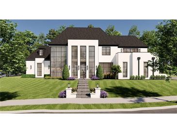 Contemporary white two-story home with black window frames, manicured lawn, and a paved walkway to the front door at 1580 Mayfield Rd, Alpharetta, GA 30009