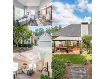 Real estate collage showcasing the bathroom, front of house, back patio and main bedroom at 2678 Neighborhood S Walk, Villa Rica, GA 30180