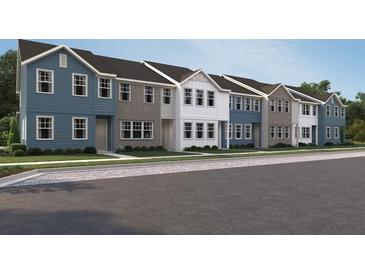 Row of new two-story townhomes, each with varied facade colors and unique architectural details at 2105 Stillhaven Pl, Douglasville, GA 30135