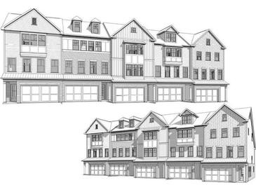 Detailed architectural rendering of new townhomes featuring attached garages and multi-story facades at 1977 American Way # 30, Kennesaw, GA 30144