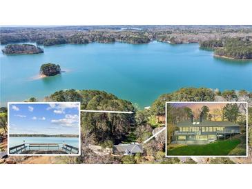 Expansive aerial view of a lakeside property featuring a house, private dock, and serene lake surrounded by lush trees at 6475 Holland Dr, Cumming, GA 30041