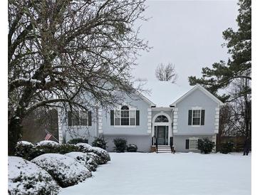 Charming one-story home with light blue exterior, green shutters, front yard covered in fresh snow at 3336 Franklin Forest Dr, Douglasville, GA 30187