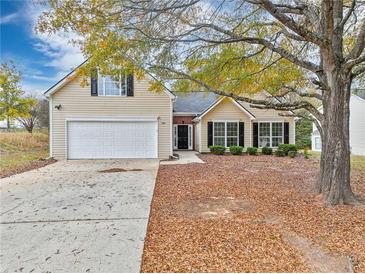 Charming home featuring a two-car garage, manicured shrubs, and a tree-lined front yard with fall foliage at 539 Easton Dr, Locust Grove, GA 30248