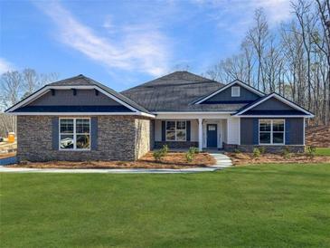 Charming home featuring a stone facade, a well-manicured lawn, and a welcoming entrance with a blue front door at 3393 Milan Ct, Douglasville, GA 30135