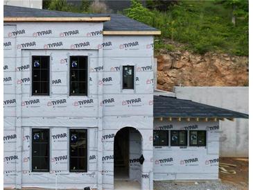Unfinished two story exterior showing Typar wrap, black window frames and arched door frame detail at 10849 Serenbe Ln, Chattahoochee Hills, GA 30268