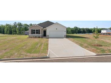 Charming single-story home featuring a wide driveway and attached garage on a large lawn at 8599 Secretariat Dr, Lithonia, GA 30058