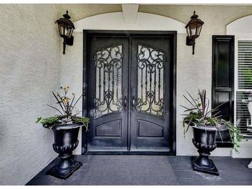 Elegant front door with iron detailing and decorative planters, enhancing curb appeal and creating a grand entrance at 1012 Jubilee Way, Powder Springs, GA 30127