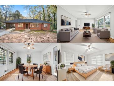 This image shows the front exterior, living room, dining room, and bedroom of this cozy home at 2122 Kimberly Sw Rd, Atlanta, GA 30331