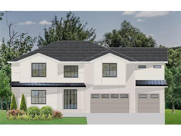 Charming two-story home featuring a mix of brick and siding, black framed windows and a spacious two car garage at 1442 Cedarhurst Dr, Dunwoody, GA 30338