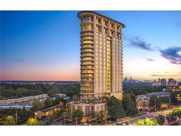 Stunning exterior view of high-rise building with modern architecture and beautiful surrounding cityscape at dusk at 2881 Peachtree Ne Rd # 704, Atlanta, GA 30305