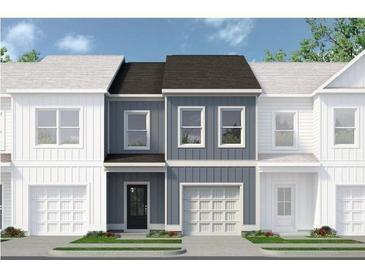 Charming two-story townhome with a light-blue facade, black door, white garage door, and gray roof, adding curb appeal at 48 Alameda St # 129, Loganville, GA 30052