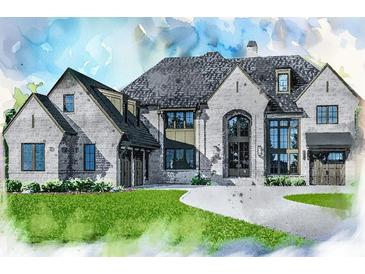 Beautiful watercolor rendering of a two-story home with a stone facade, arched windows, and lush green lawn at 1146 Brookhaven Walk Way, Brookhaven, GA 30319