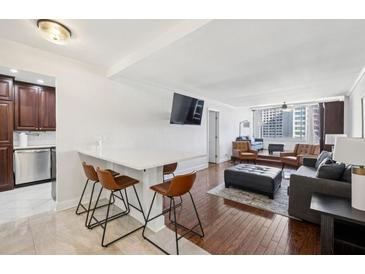 Bright living room features a breakfast bar, stainless steel appliances, and an open layout at 215 Piedmont Ne Ave # 2109, Atlanta, GA 30308